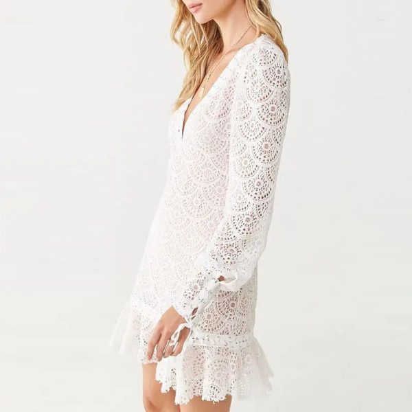 Ladies White V Neck All Lace Long Sleeve Ruffle Hem Dresses Sexy Women Mini Dress - Image 2