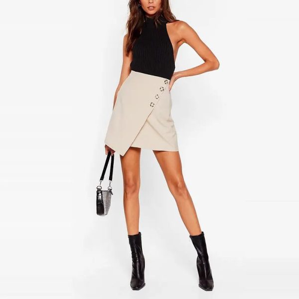 New Arrival Button Wrap Mini Skirt Women Skirt Outfit Asymmetric Hem Solid Office Skirt - Image 2