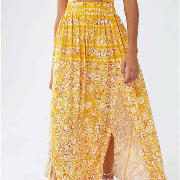 New Arrival Women's Yellow Floral Print A-Line Maxi Skirt Bohemian Style Elasticized Empire Beach Skirts - Image 2