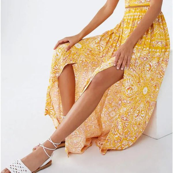 New Arrival Women's Yellow Floral Print A-Line Maxi Skirt Bohemian Style Elasticized Empire Beach Skirts