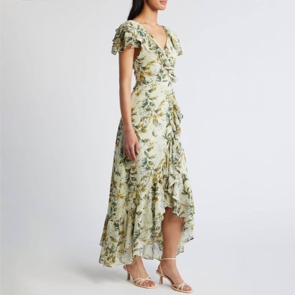 V-neck Lady Romance Vacation Floral Faux Wrap Dress